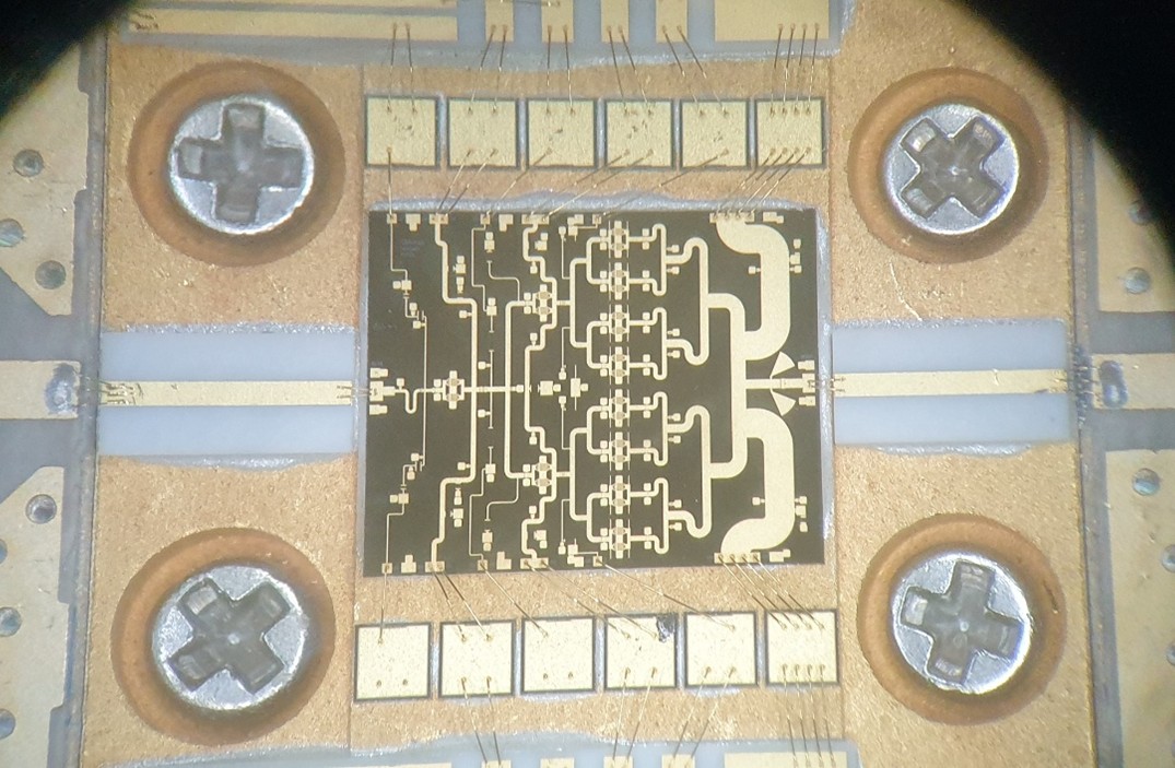 Typical Chip and Wire implementation showing MMIC die and bond wires